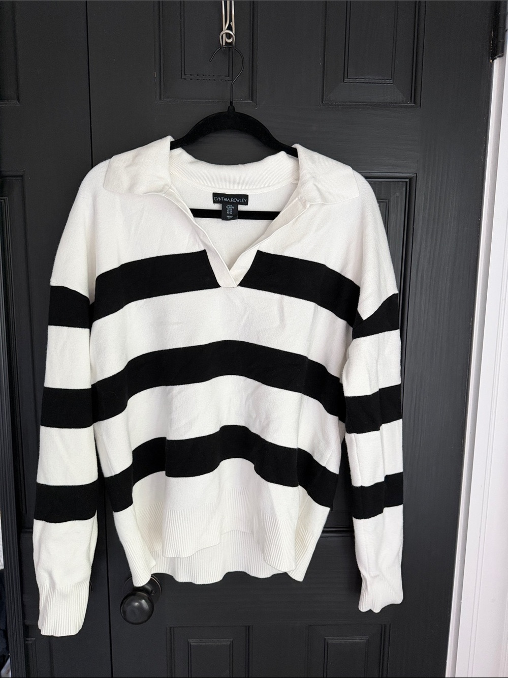 Cynthia Rowley White and Black Striped V-Neck Collared Sweater